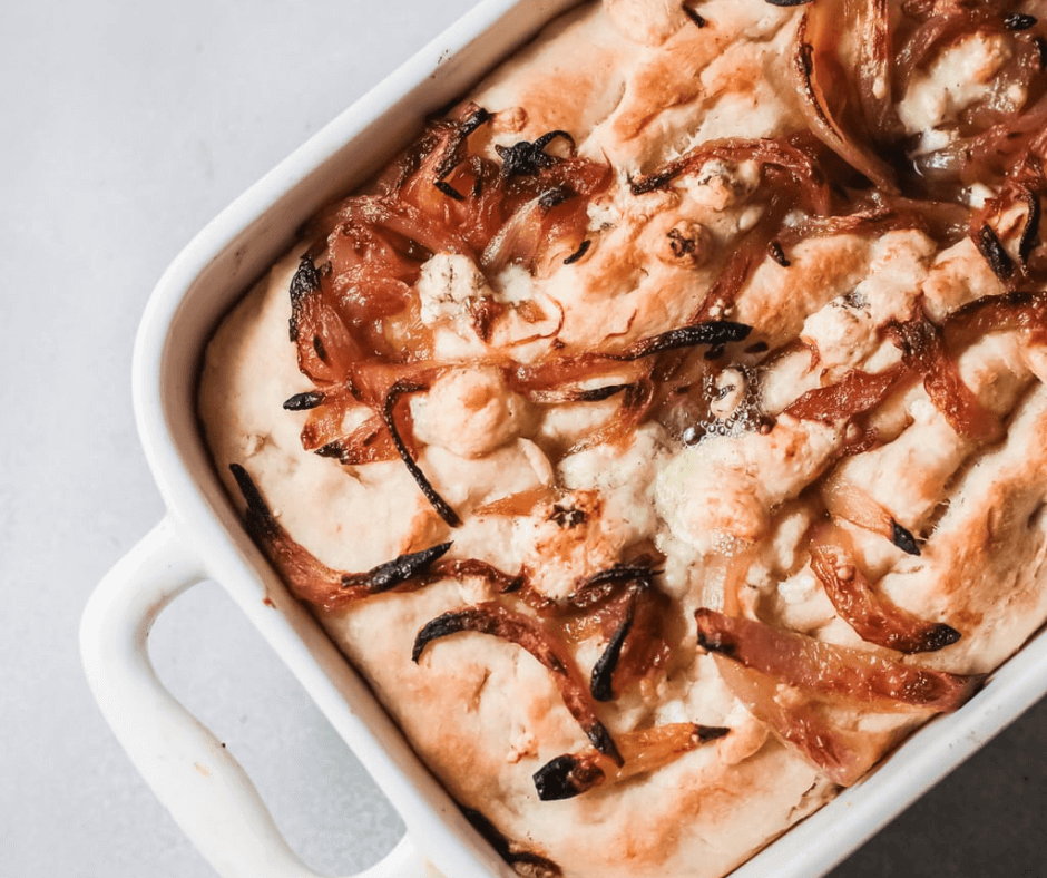 A closeup of a freshly baked Caramelized Onion Focaccia Bread