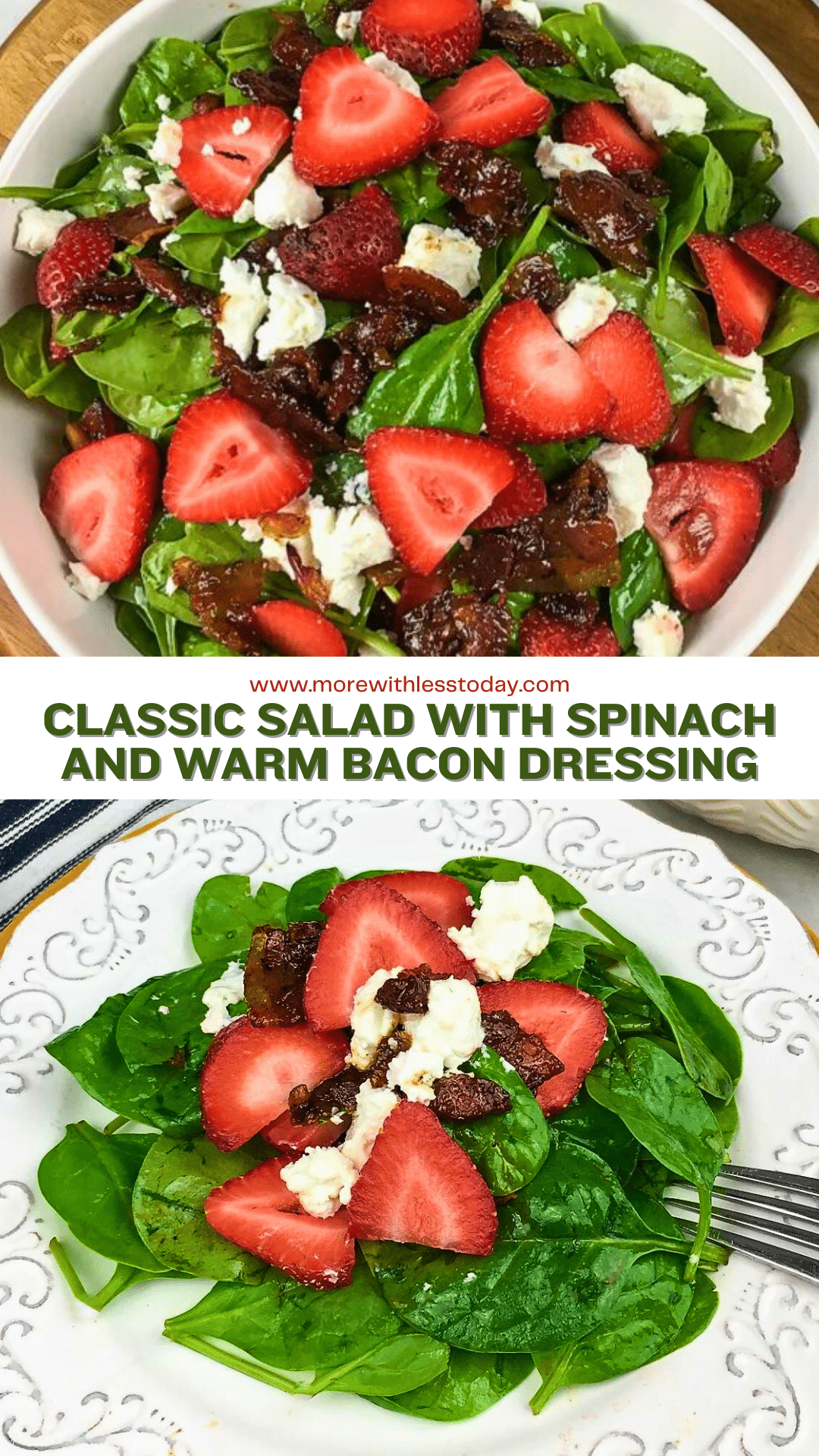 Classic Salad with Spinach and Warm Bacon Dressing served on a white bowl - PIN