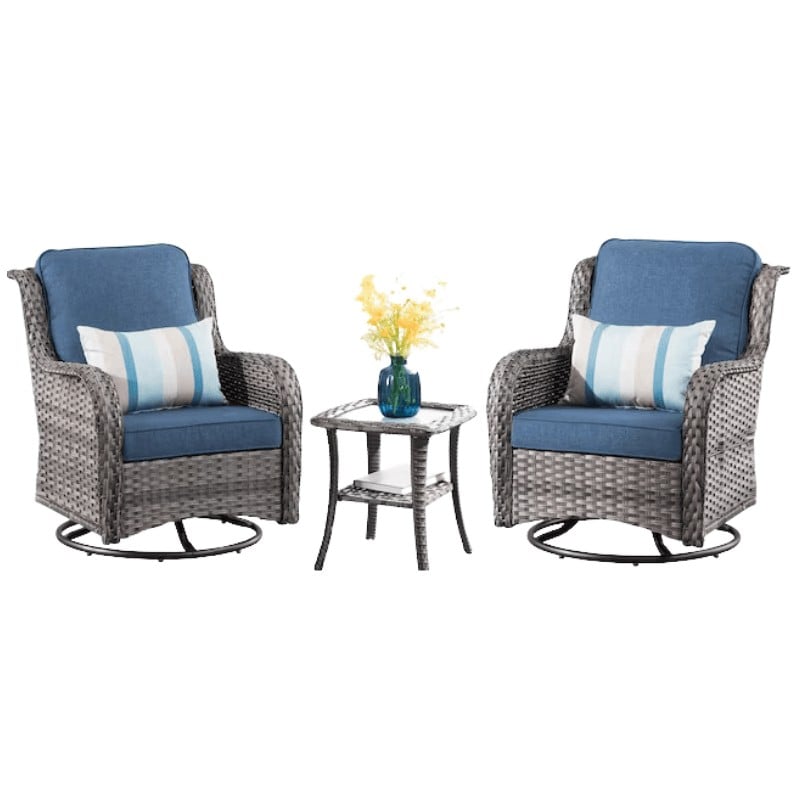 Ovios - Grey and Denim Blue Rattan Swivel Rocking Chairs