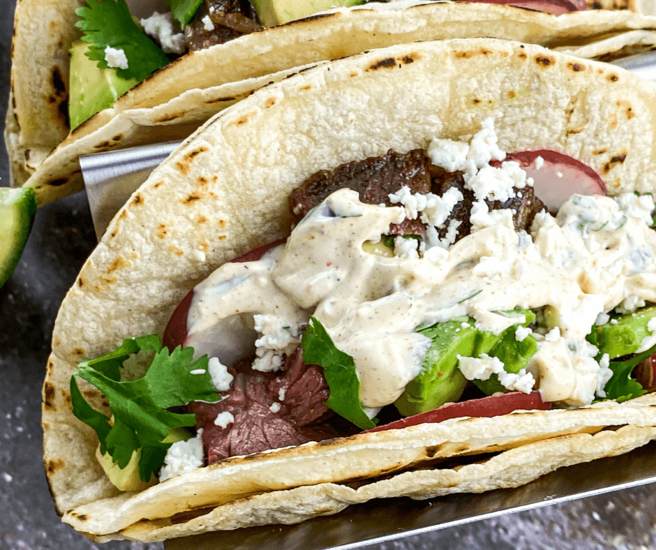 A closeup of a Mexican Steak Street Taco