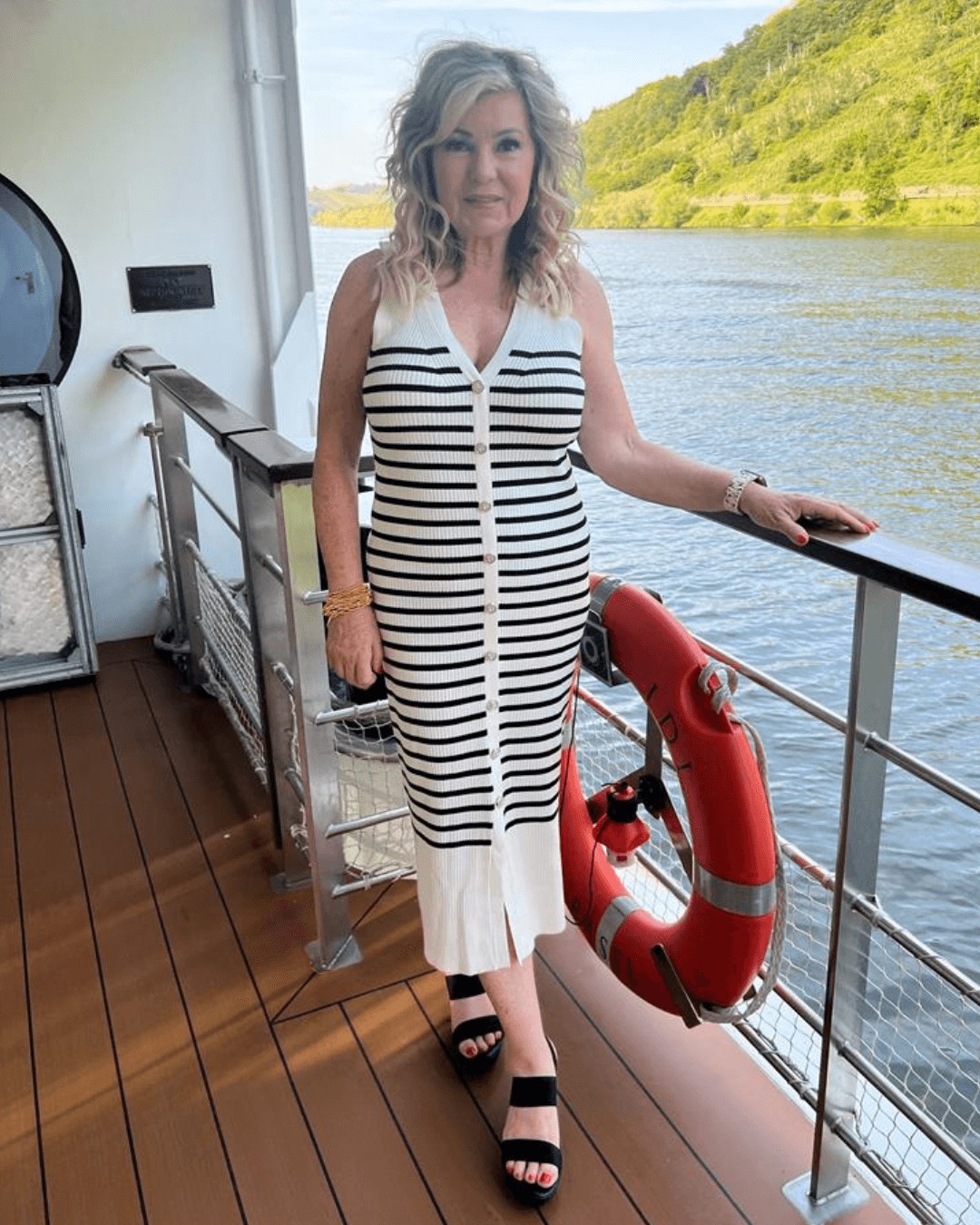 Lori wearing Stripe Rib Sleeveless Button-Up Sweater Dress