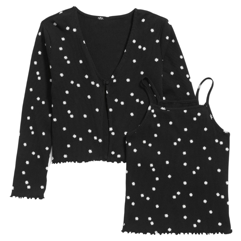 Rib-Knit Open-Front Button Cardigan & Cami Set
