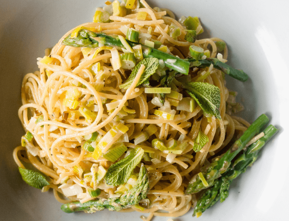 Asparagus Spears, Mint and Lemon Leek Cream Spaghettini