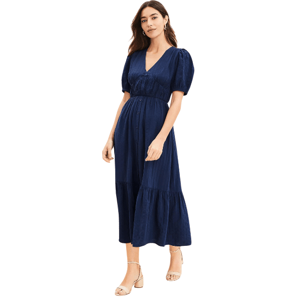 Textured Balloon Sleeve Flounce Midi Dress