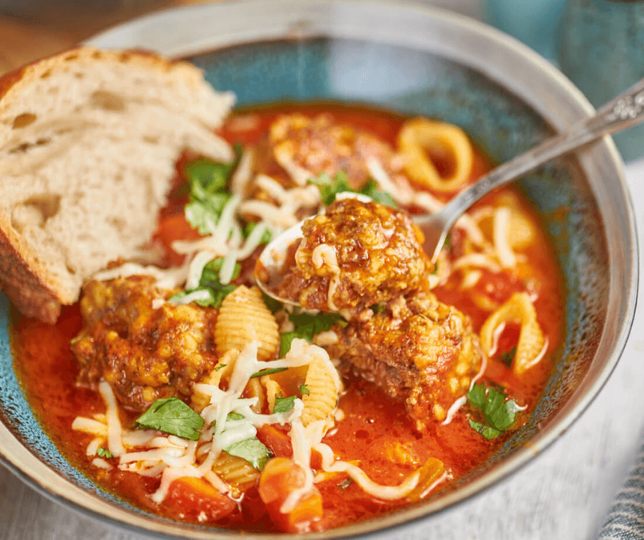A bowl of Easy Homemade Italian Meatball Soup