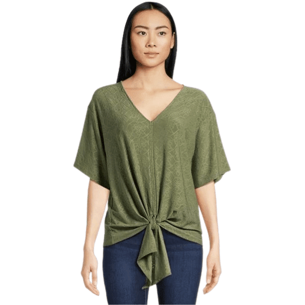 Tie Front V-Neck Top with Short Sleeves