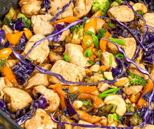 A closeup of Low Carb Chicken Cabbage Stir Fry