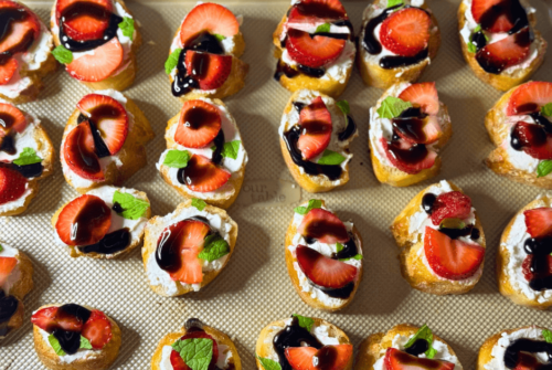 A closeup of Easiest Strawberry Goat Cheese Crostini