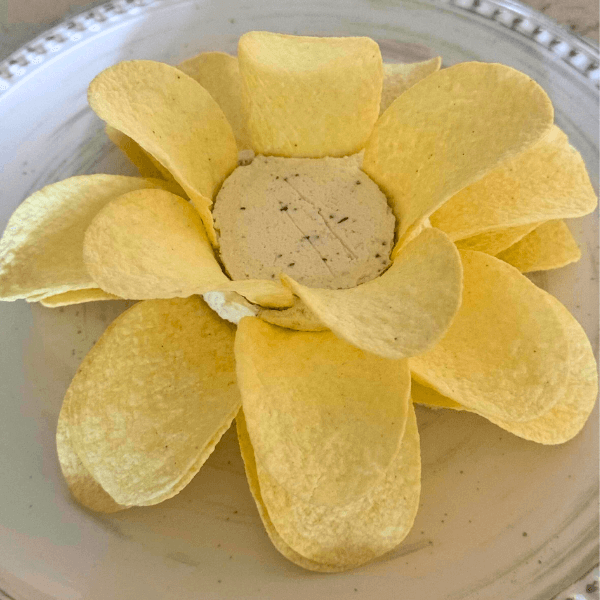 A closeup of the Boursin Potato Chip Flower Appetizer