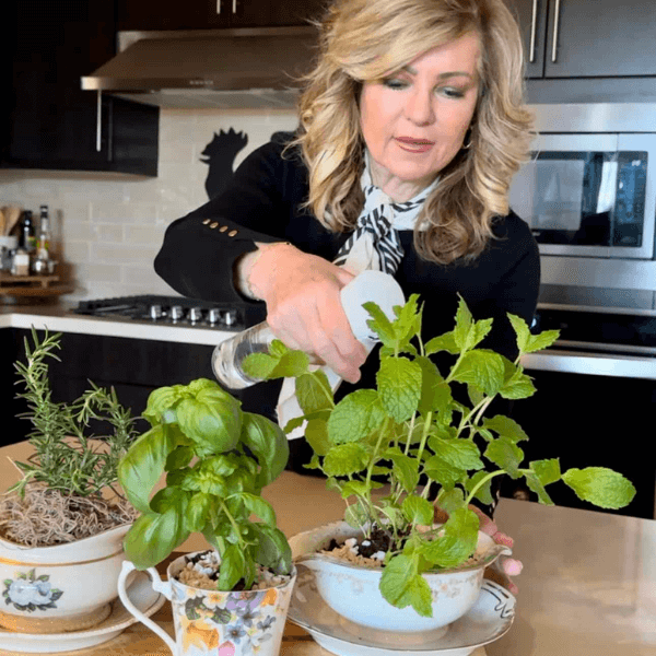 Lori spraying water to her DIY herbs