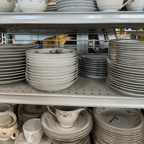 Tableware items in a thrift store