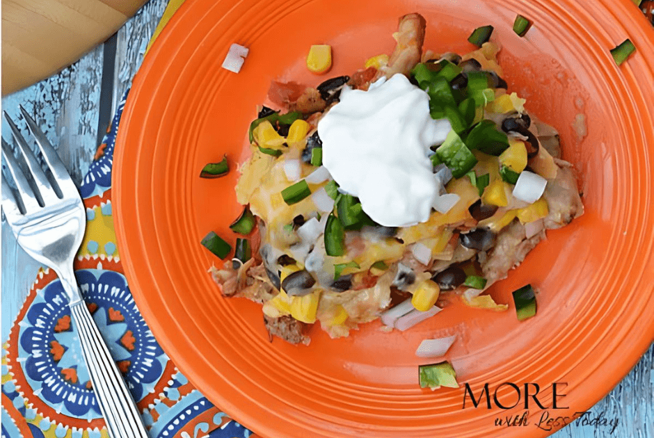 A closeup of Mexican Cheese Bake