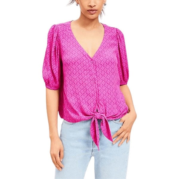 Stamped Puff Sleeve Tie Front Blouse