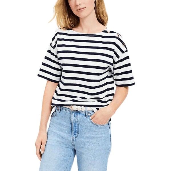 Striped Shoulder Button Harbor Tee - LOFT Styles For Women Over 50