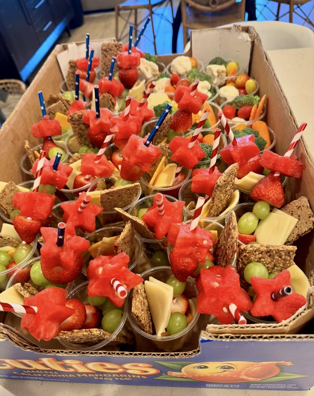 charcuterie in cups with watermelon cut into stars