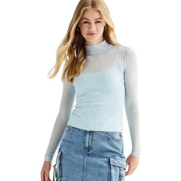 Junior's Long Sleeve Mock Neck Rhinestone Mesh Top