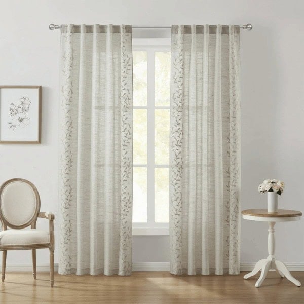Embroidered Floral Rod Pocket Back Tab Curtain Panel Pair