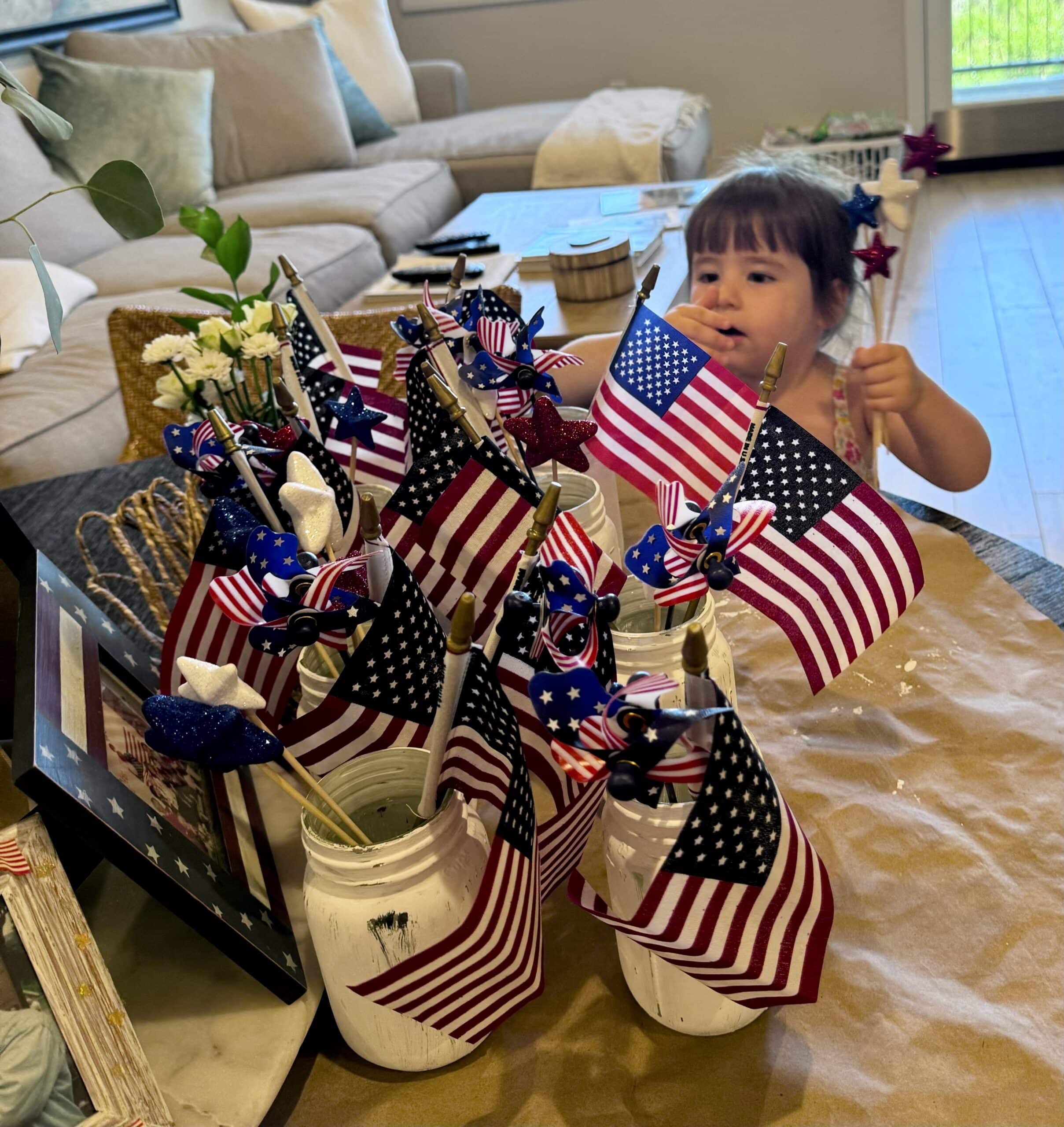 putting together patriotic canning jar craft