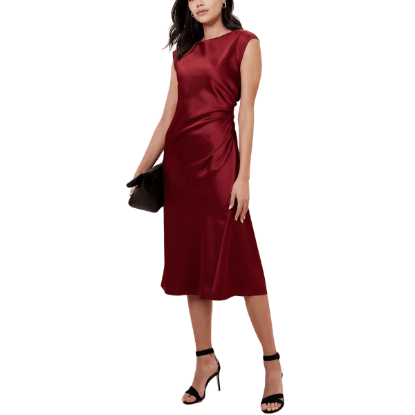 Shirred-Side Satin Midi Dress