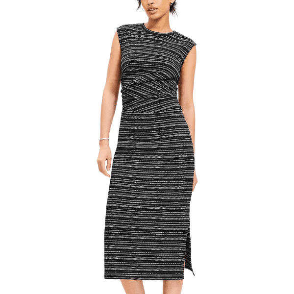 Striped Ruched Muscle Tee Midi Dress - Apple Body Shape Outfits and Tips