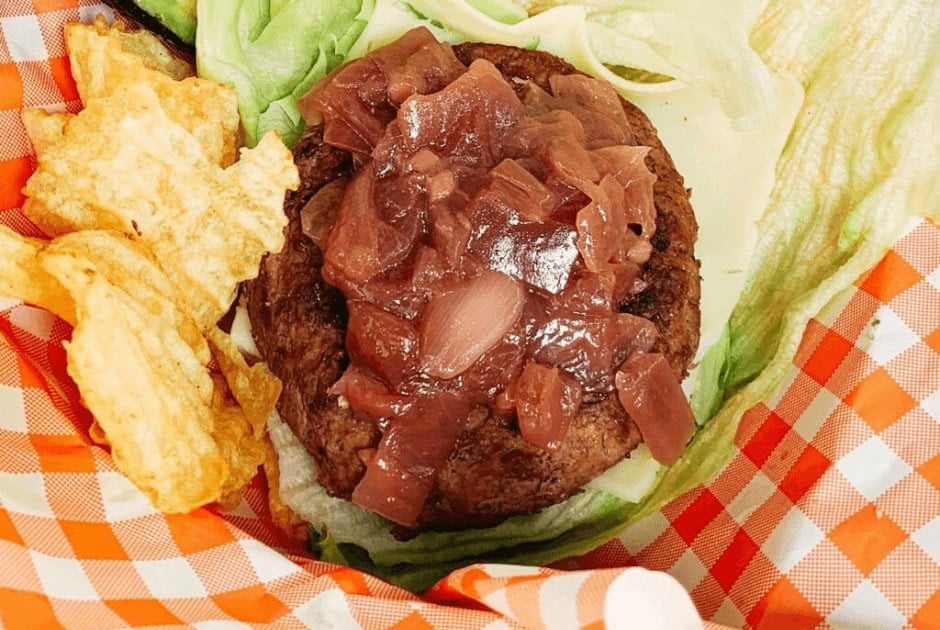 A burger with Honey Bourbon Onions