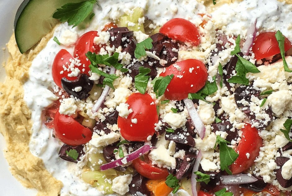 A closeup of Mediterranean Hummus with Tzatziki recipe