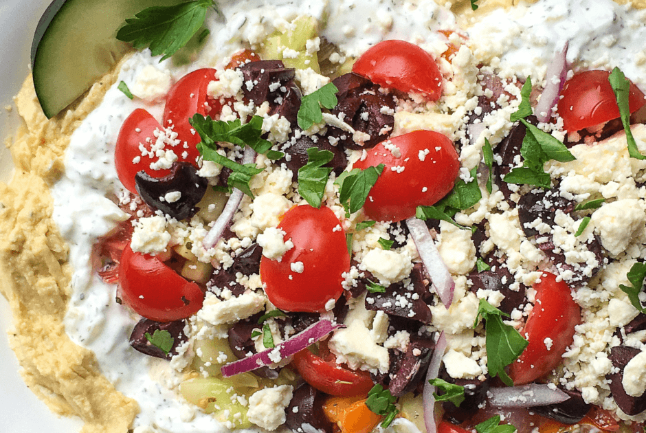 A closeup of Mediterranean Hummus with Tzatziki recipe