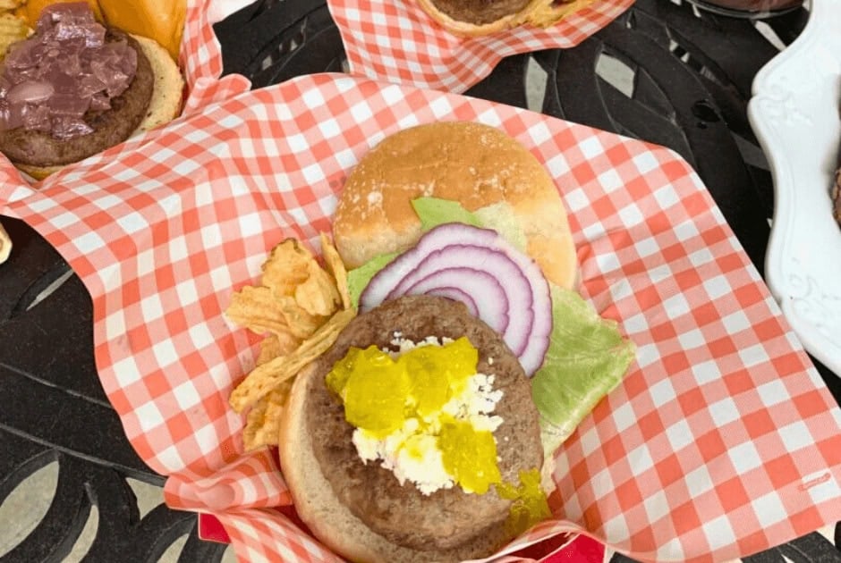 A closeup of a burger