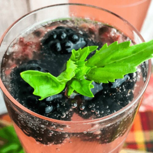 a closeup of a glass of Blackberry Basil Prosecco Cocktail