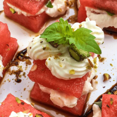 a closeup of one Delicious Watermelon Feta Bite