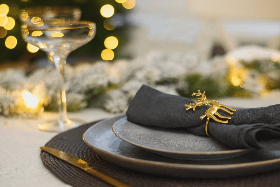 A closeup of a holiday-themed tablescape