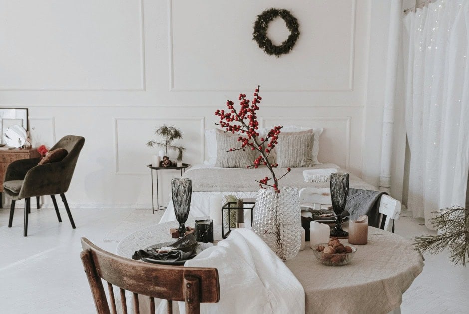A living room with subtle holiday decor