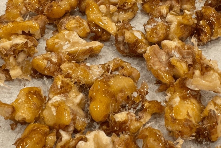 A closeup of freshly made Easy 3-Ingredient Candied Walnuts