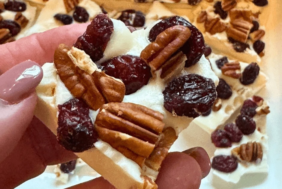 A closeup of one White Chocolate Christmas Bark with Only 3 Ingredients