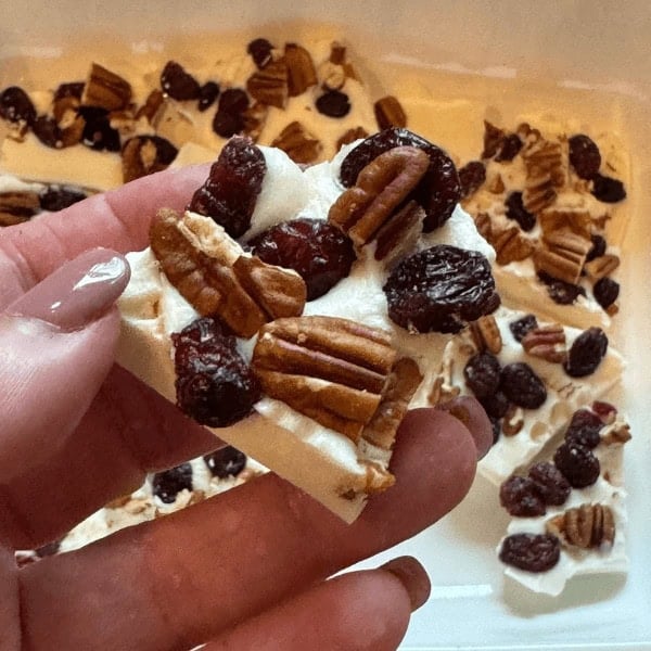A closeup of one White Chocolate Christmas Bark