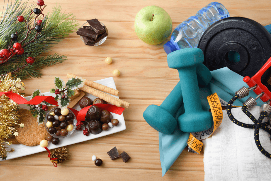 Food and workout equipment - 10 Tips to Reduce Stress During the Holiday Season
