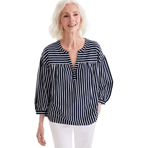 Striped 3-4-Sleeve Split-Neck Top - Macy's Backstage and Clearance