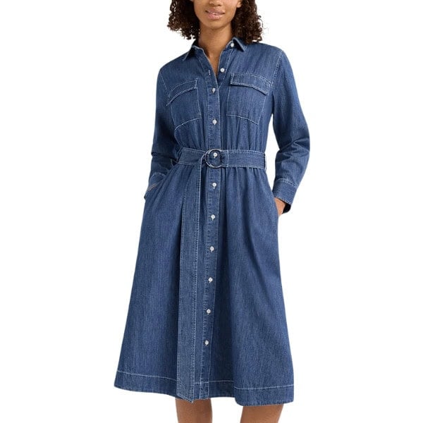 Belted Denim Midi Shirtdress with Long Sleeves