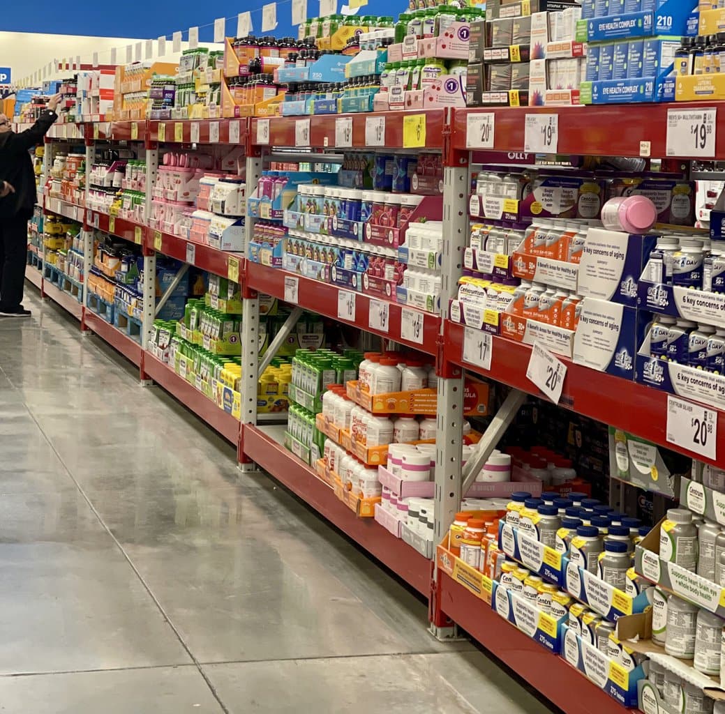inside a big box store, items on shelves