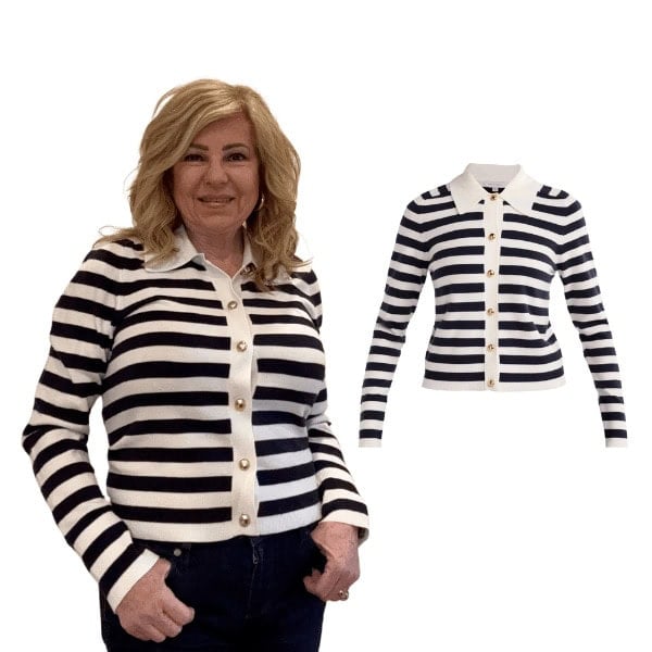 Lori wearing the Cozy Yarn Collared Cardigan Sweater from Free Assembly