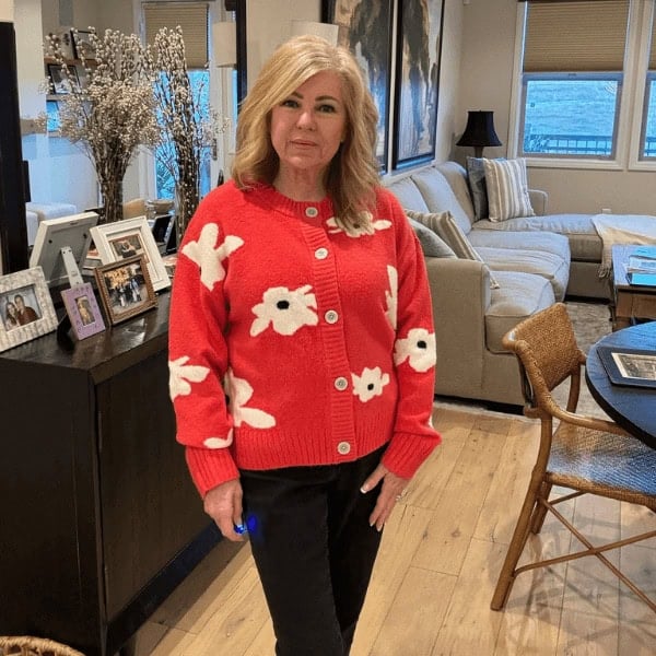 Lori wearing Button-Front Cardigan