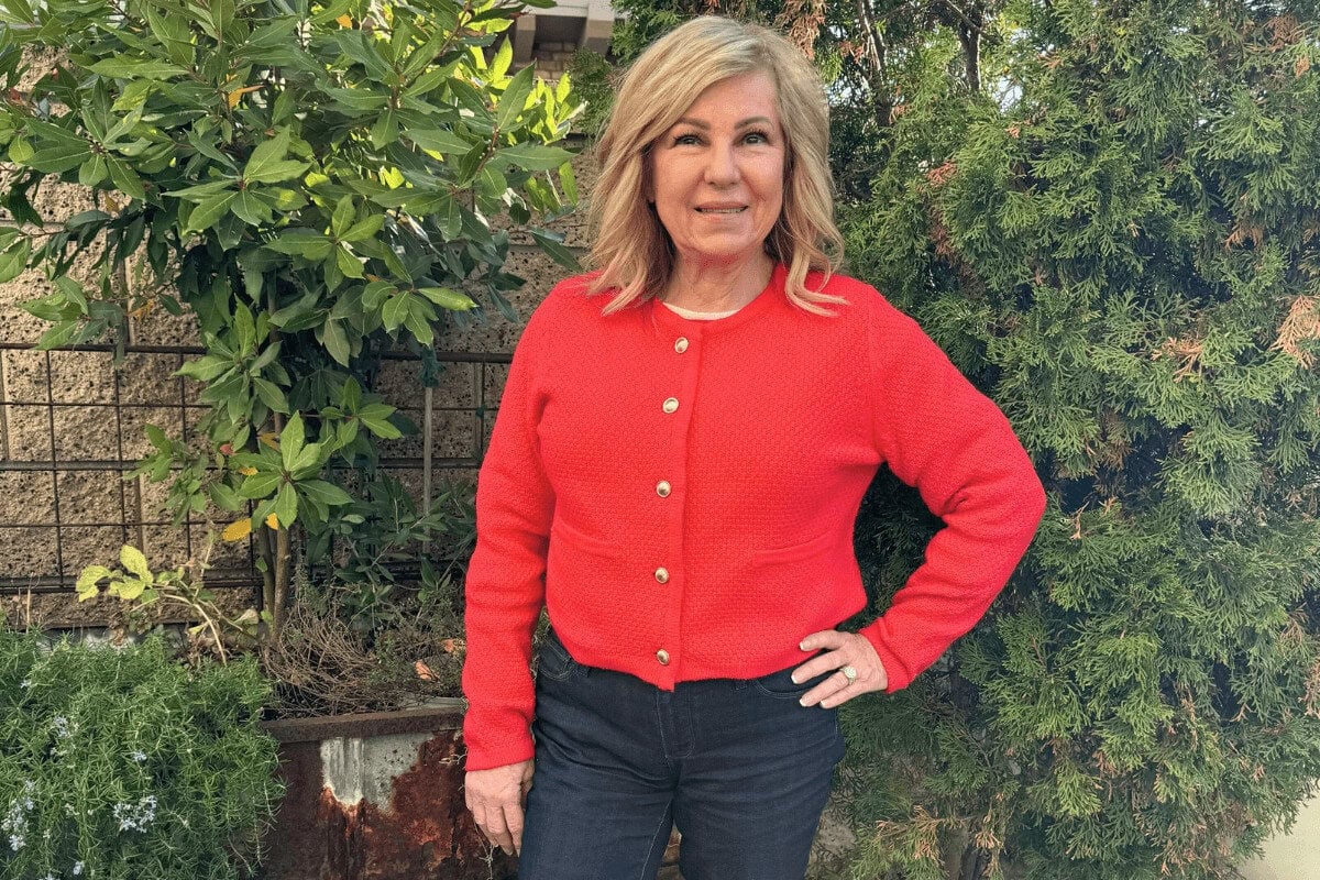Lori wearing the Ribbed Cuff Button-Front Cardigan from A New Day