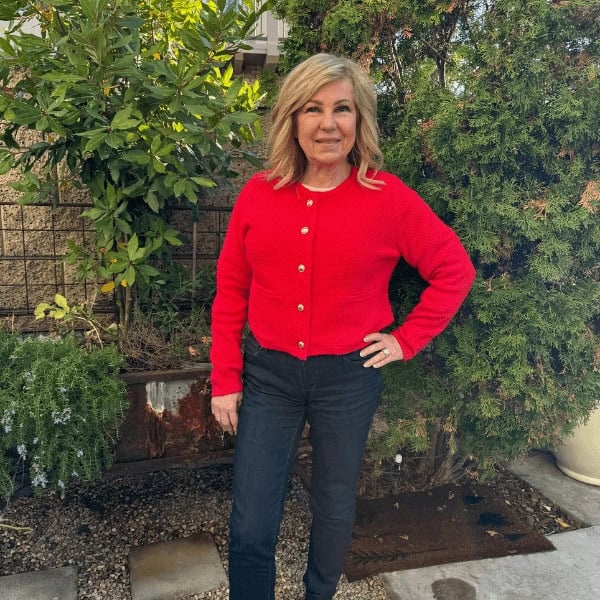 Lori wearing the Ribbed Cuff Button-Front Cardigan
