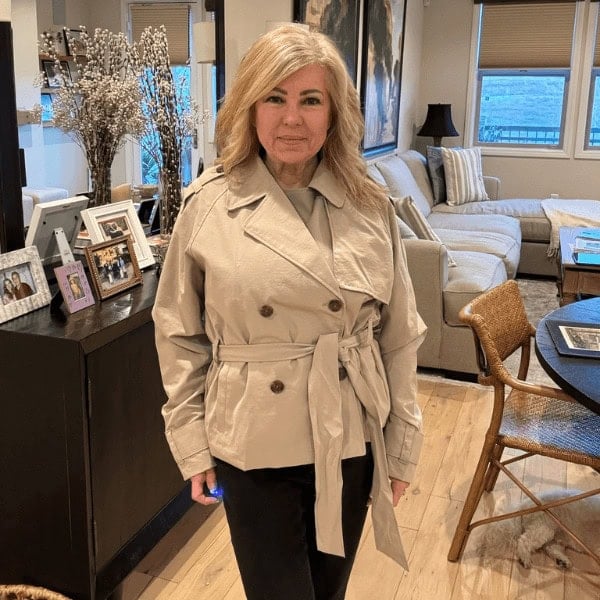 Lori wearing a Short Trench Coat