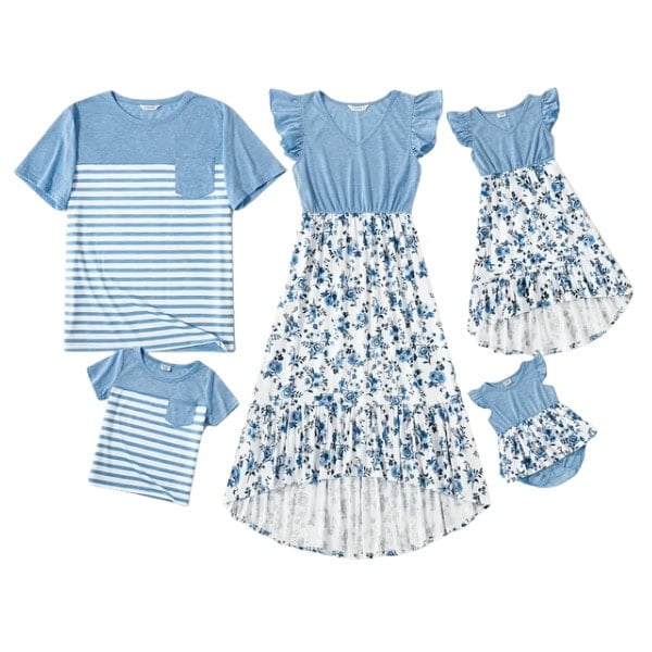 Family Matching Outfits Mommy and Me Dresses and Striped T-shirts Sets