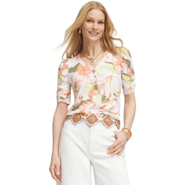 Floral Henley Shirred-Sleeve Tee