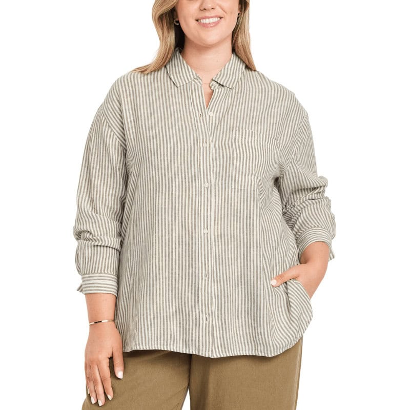 Linen- Blend Loose Button-Down Shirt