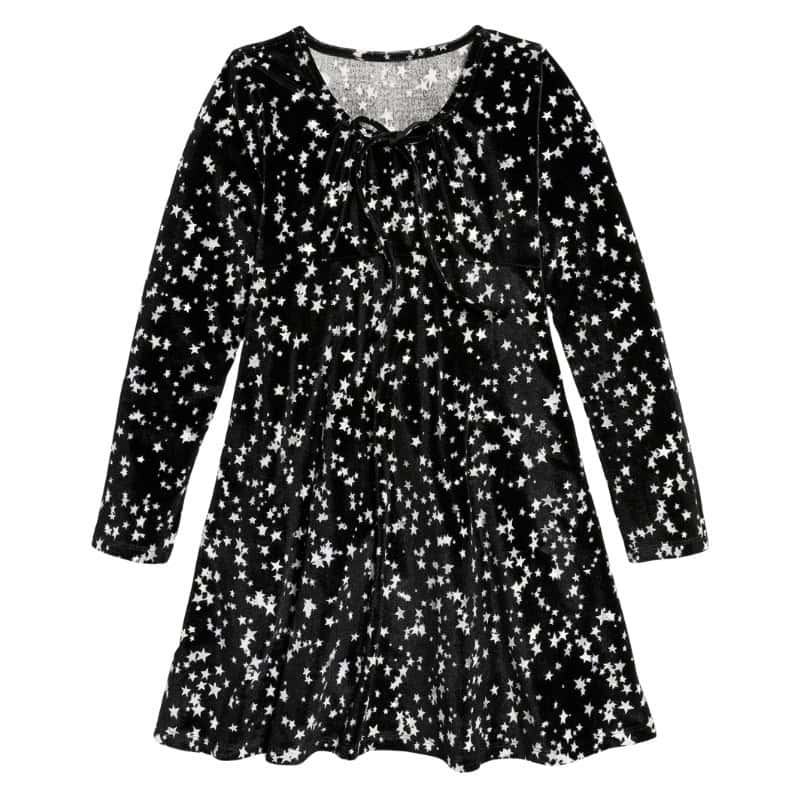 Long-Sleeve Tie-Neck Velvet Swing Dress