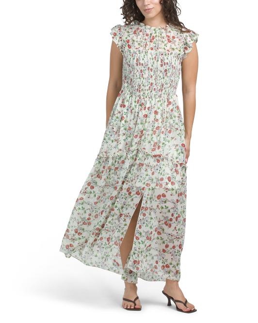 MELLODAY Floral Printed Chiffon Maxi Dress With Ruched Bodice