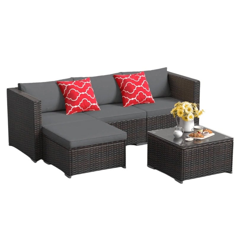 5-Piece Outdoor Sectional Sofa with Glass Coffee Table & Cushions